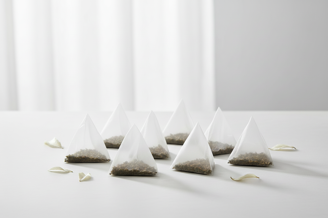 商業白色萃茶包桌上展示 沒有標籤與泡茶用的線