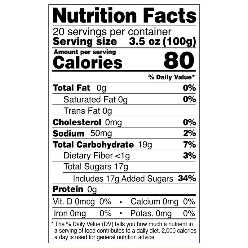 Nutrition facts label for Brown Sugar Agar Boba, showing calories, sugar content, and dietary fiber per 100g.