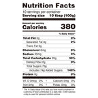 Nutrition facts label for Cotton Candy Flavored Powder, detailing calories and sugar per 100g.