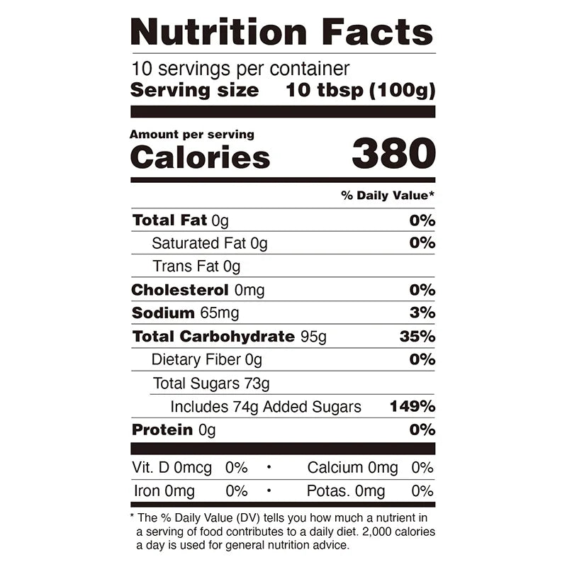 Nutrition facts label for Cotton Candy Flavored Powder, detailing calories and sugar per 100g.