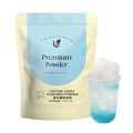 Hojalicious Cotton Candy Flavored Powder 1kg bag with a blue gradient iced drink application example.