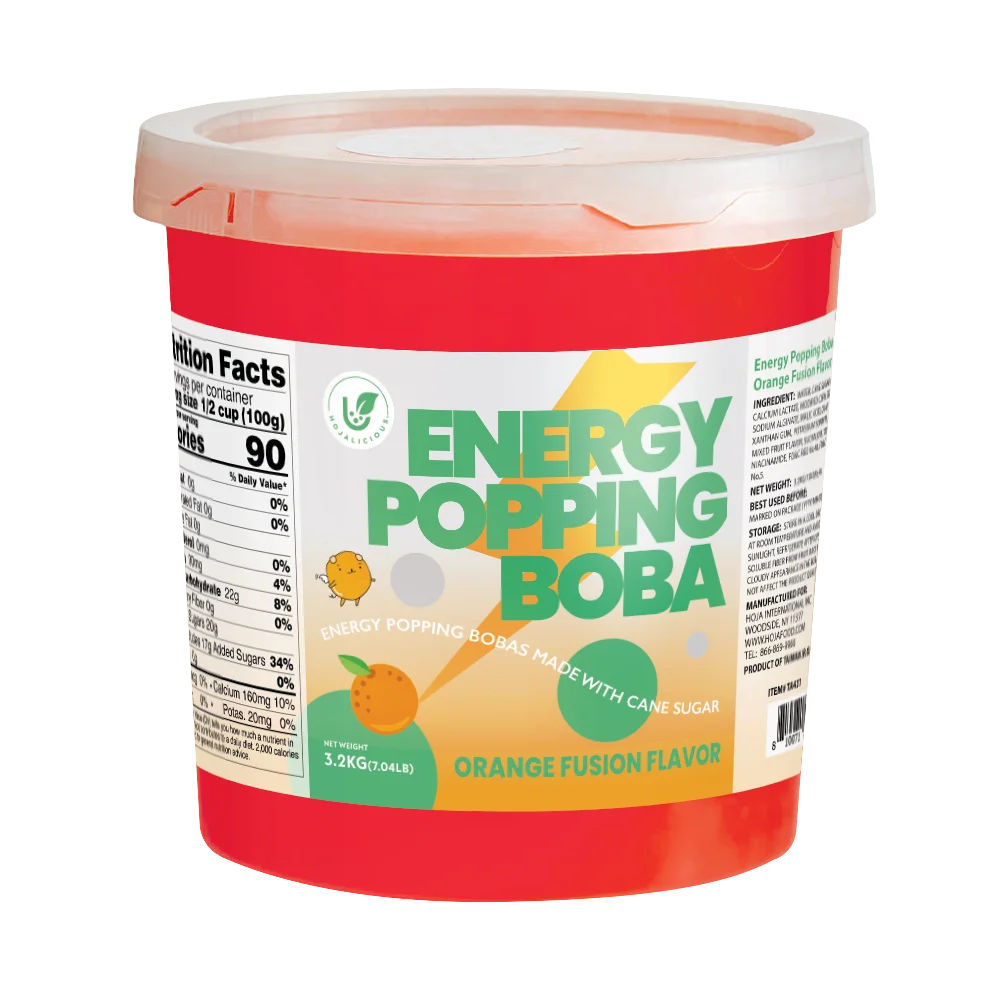 Hojalicious Energy Popping Boba Orange Fusion Flavor 3.2kg tub, featuring a vibrant orange color and energy formula.