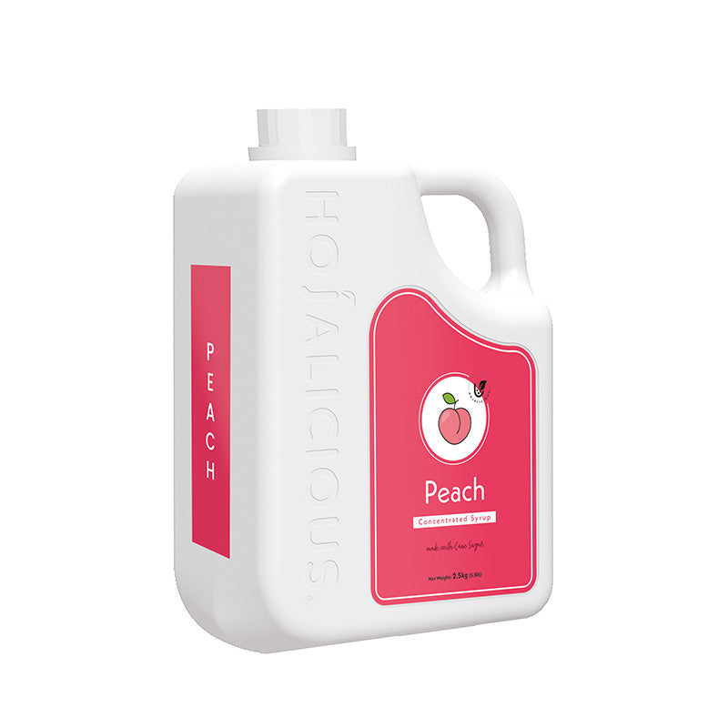 Hojalicious Peach Concentrated Syrup, 2.5kg bulk jug, crafted with a cane sugar formula.