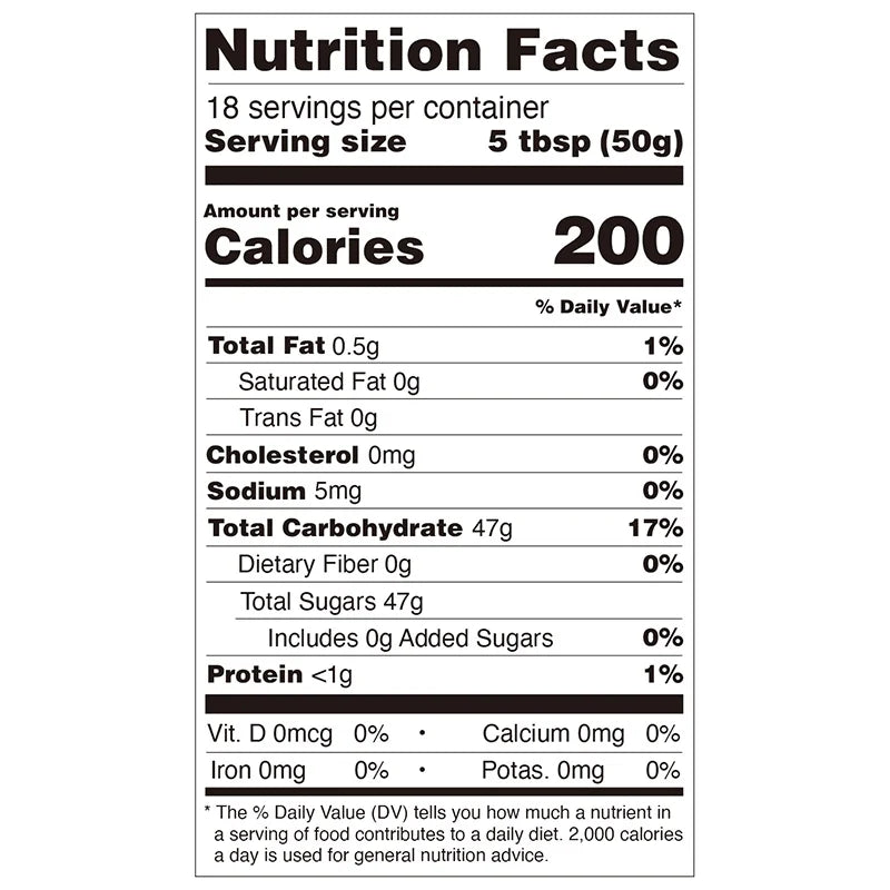 Nutrition facts label for Hojalicious Pure Brown Sugar Powder, including calories and sugar content.