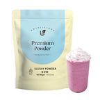 Hojalicious Premium Slushy Powder 1kg bag, featuring a pinkish-purple slushy drink topped with whipped cream.