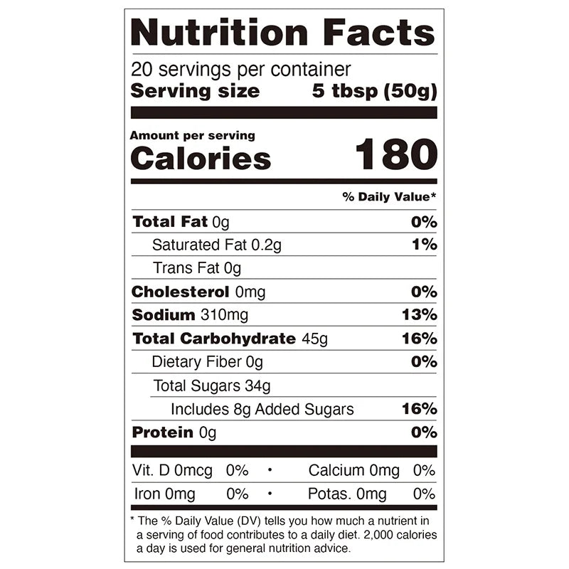 Nutrition facts label for Hojalicious Slushy Powder, listing calories, carbohydrates, and sugar per 50g serving.