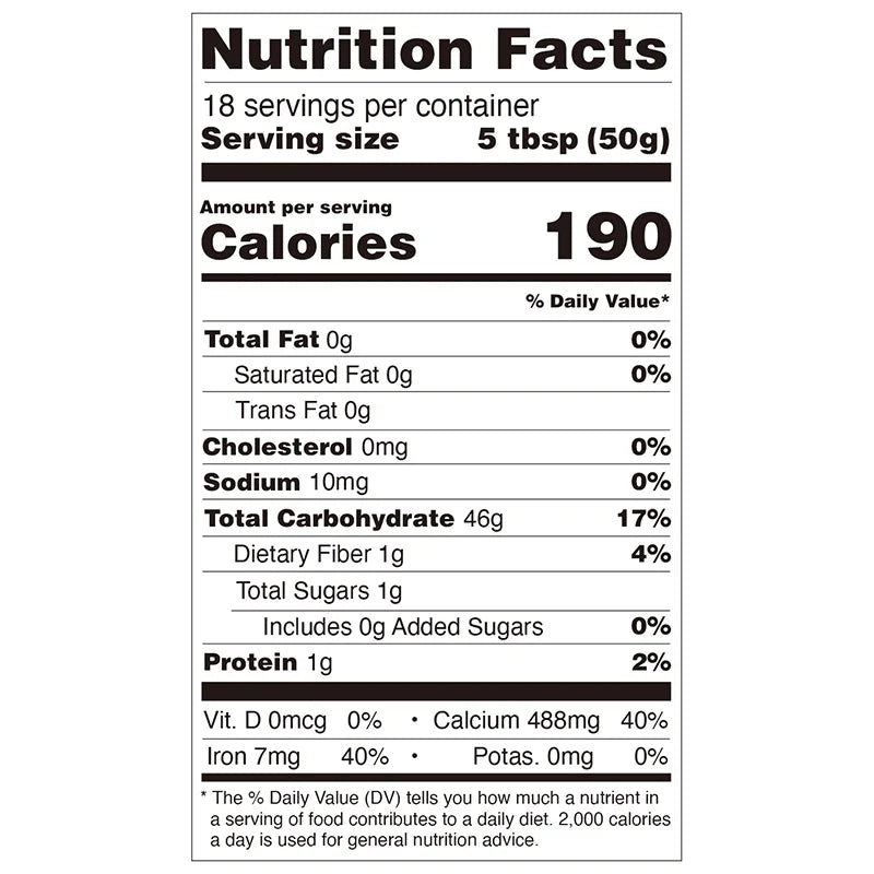 Nutrition facts for Hojalicious Pure Ube Powder, listing calories, dietary fiber, and ingredient information.