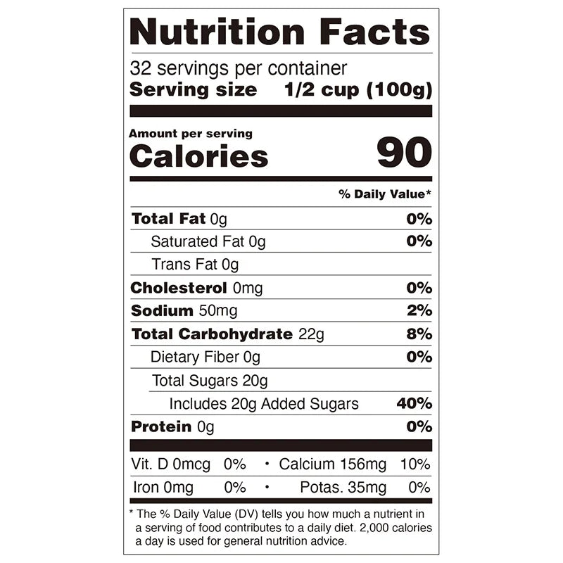 Nutrition facts label for Honey Flavor Popping Boba, detailed calorie and dietary information.