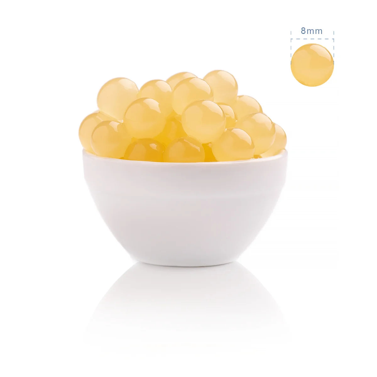 Close-up of 8mm honey popping boba, translucent golden pearls with a honey-like appearance.