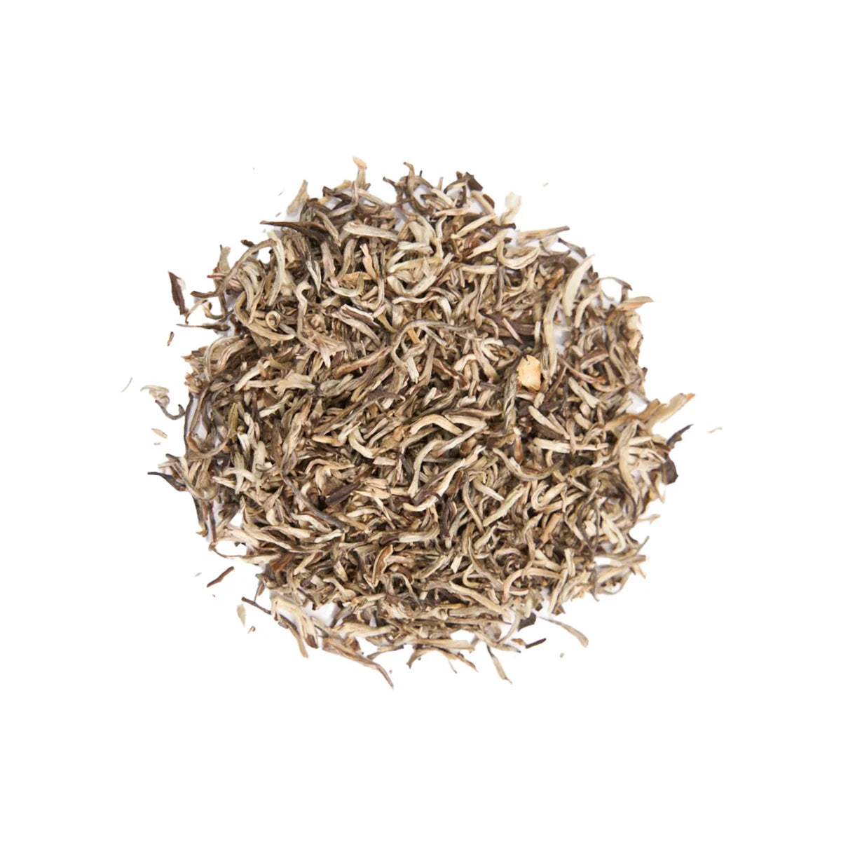 Close-up of Imperial Snow Jasmine Loose Leaf Tea with slender silver-tipped buds and evenly twisted leaves.