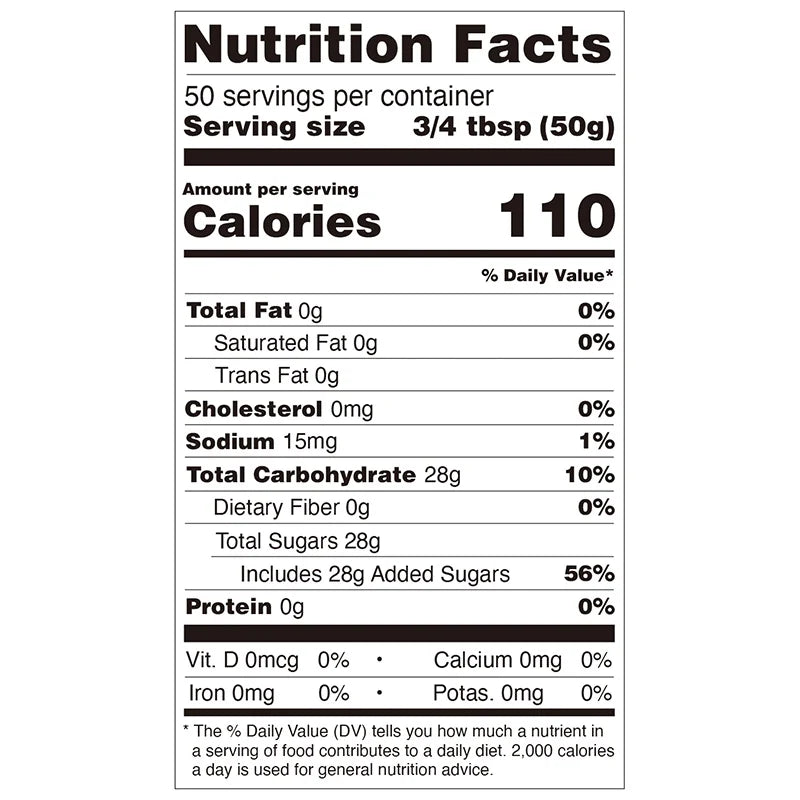 Nutrition facts label for kumquat lemon concentrated syrup, compliant with international export labeling standards.
