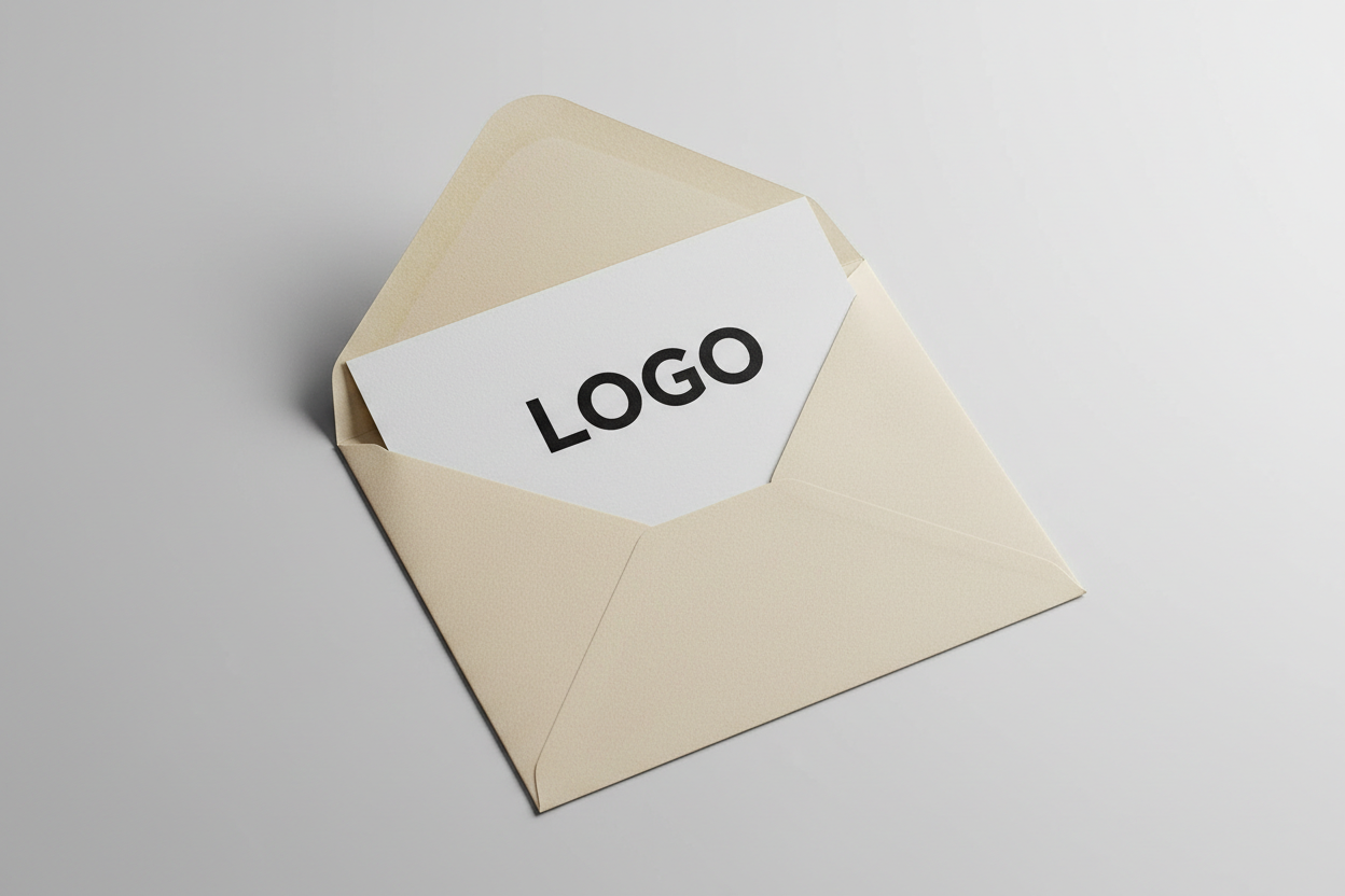 一個開啟的信封，裡面裝著一張印有「LOGO」字樣的卡片。