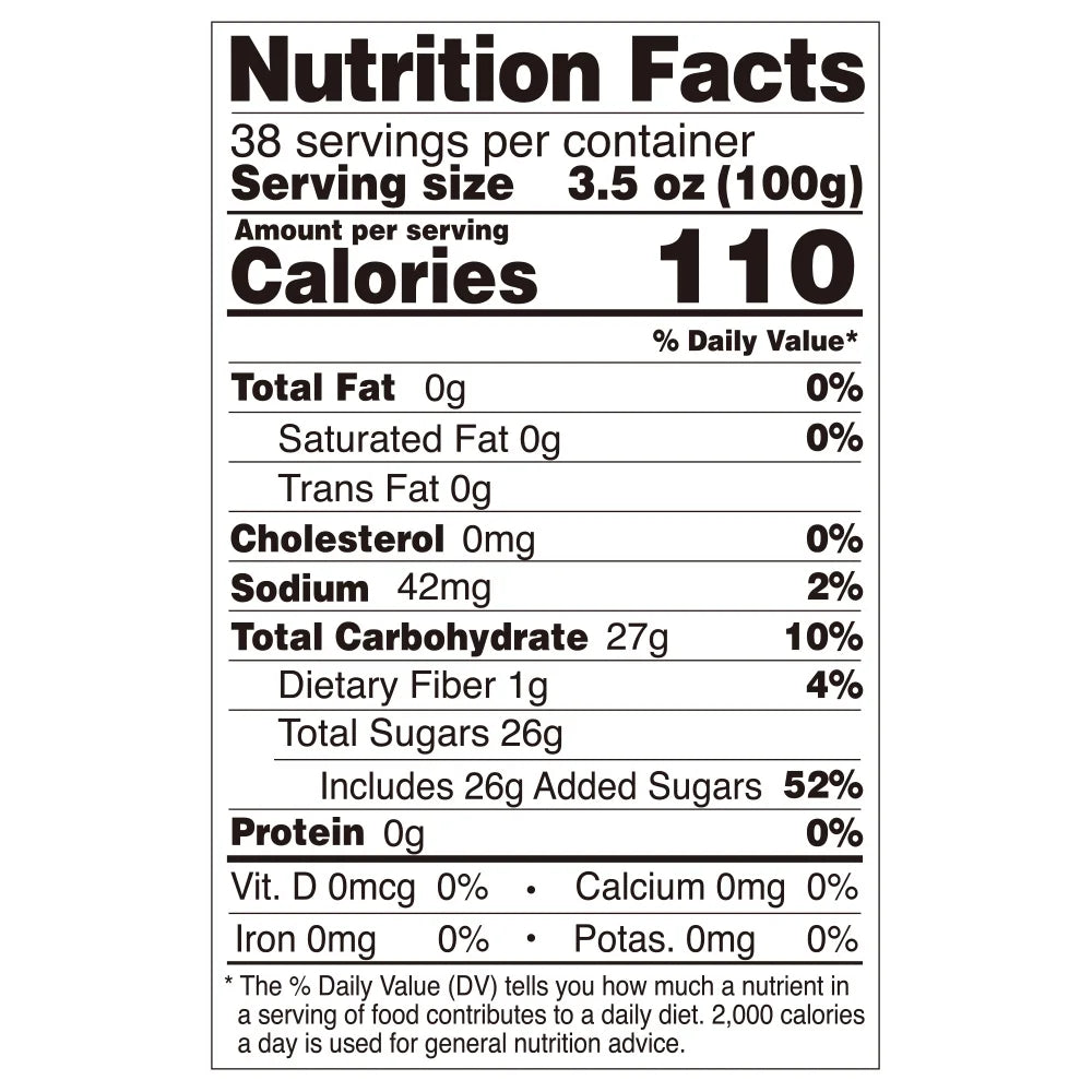 Nutrition facts label for lychee coconut jelly, compliant with export food labeling standards.