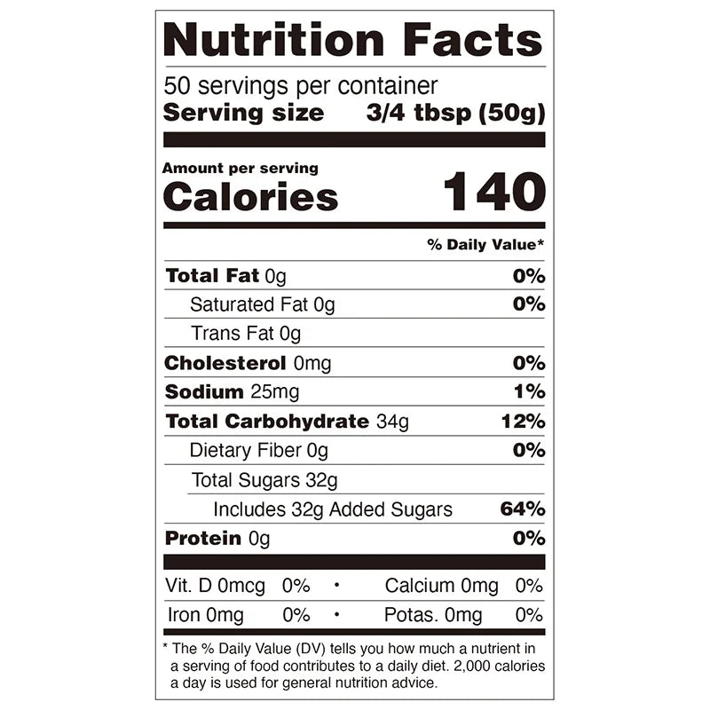 Nutrition facts label for lychee concentrated syrup, compliant with export food labeling standards.