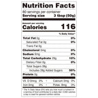 Nutrition facts label for mango jam, showing 116 calories per 50g serving, compliant with international export standards.