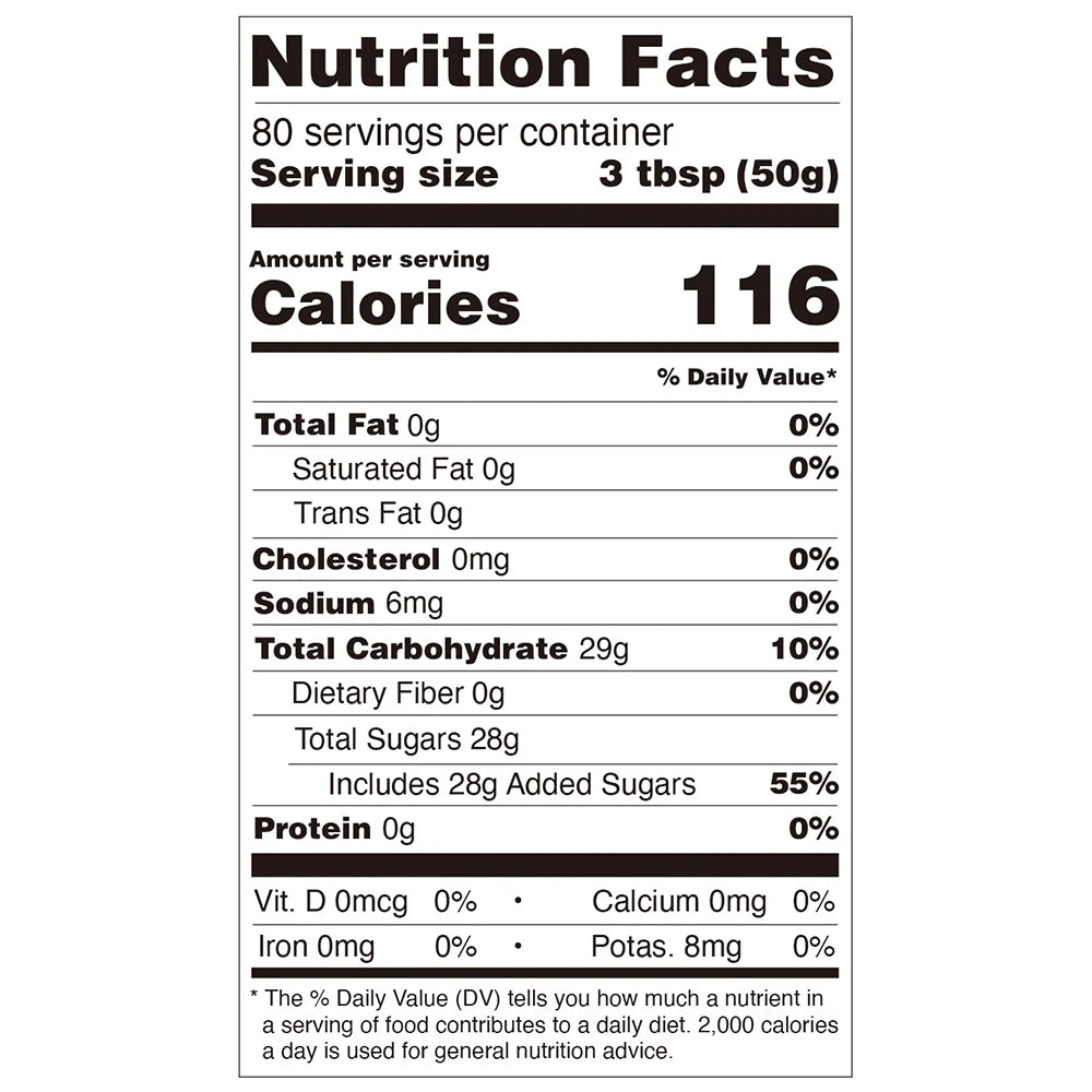 Nutrition facts label for mango jam, showing 116 calories per 50g serving, compliant with international export standards.