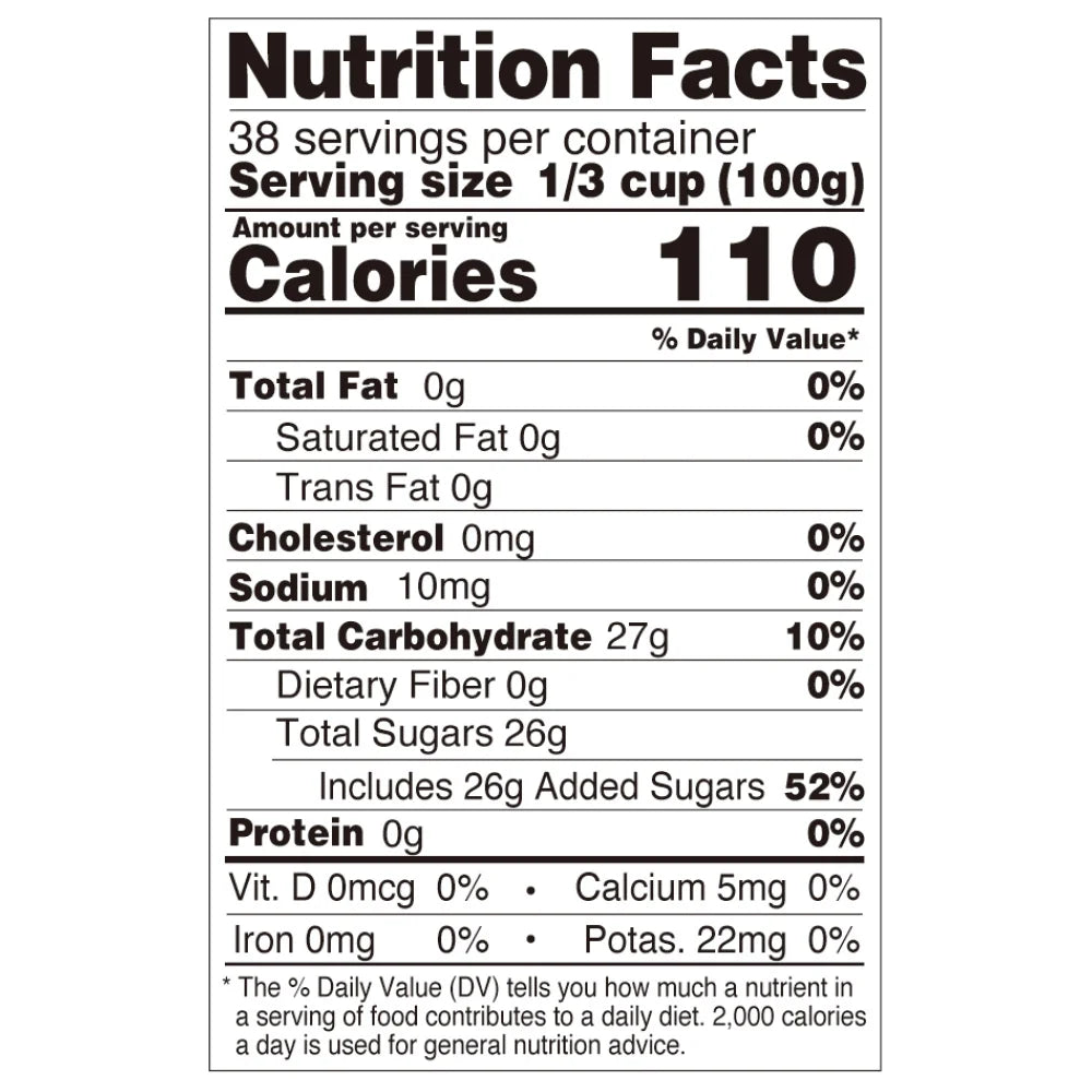 Nutrition facts label for mango star jelly, compliant with international export food labeling standards.
