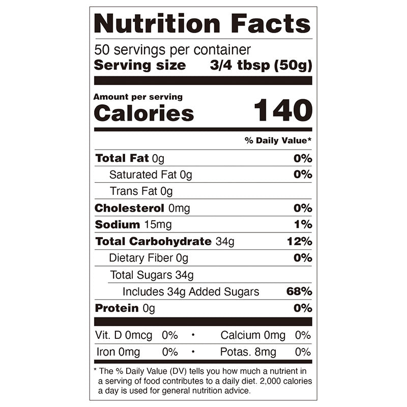 Nutrition facts label for mango concentrated syrup, compliant with international export standards.