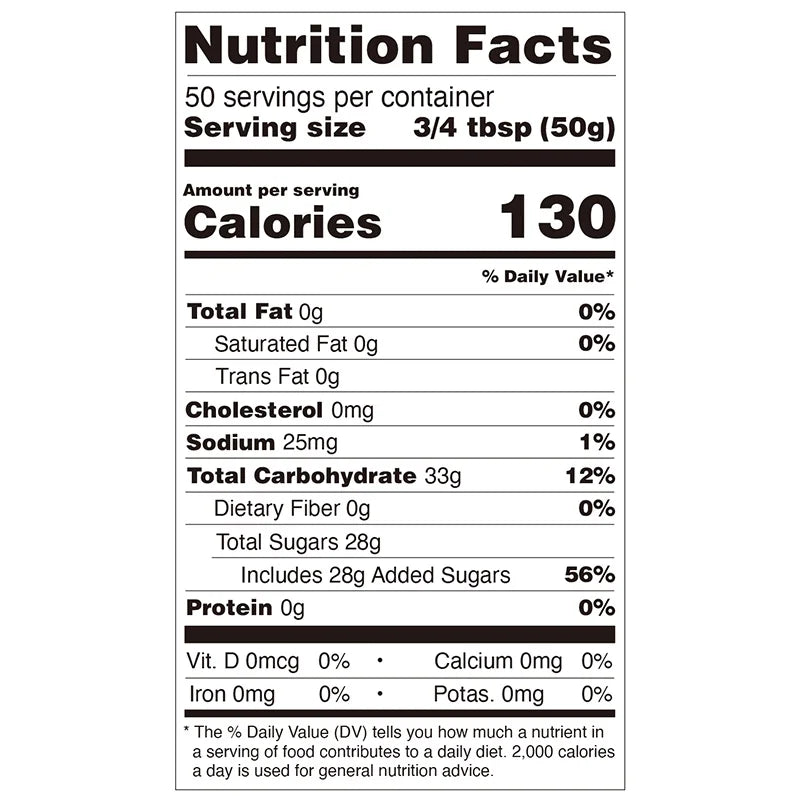 Nutrition facts label for peach concentrated syrup, compliant with export food labeling standards.