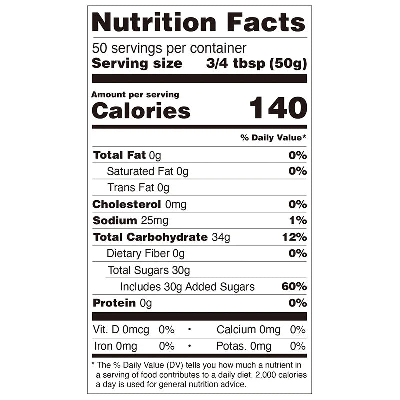 Nutrition facts label for pineapple concentrated syrup, compliant with export food labeling standards.