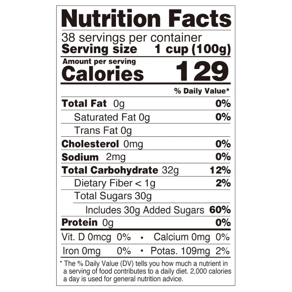 Nutrition facts label for rainbow jelly, compliant with international export food labeling standards.