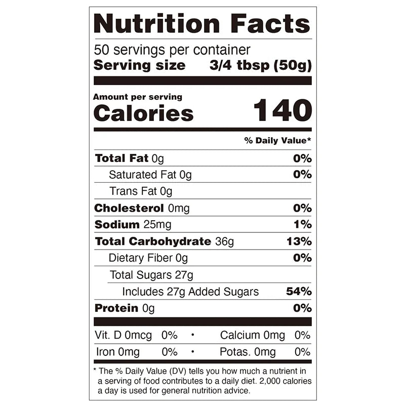 Nutrition facts label for strawberry concentrated syrup, compliant with export food labeling standards.