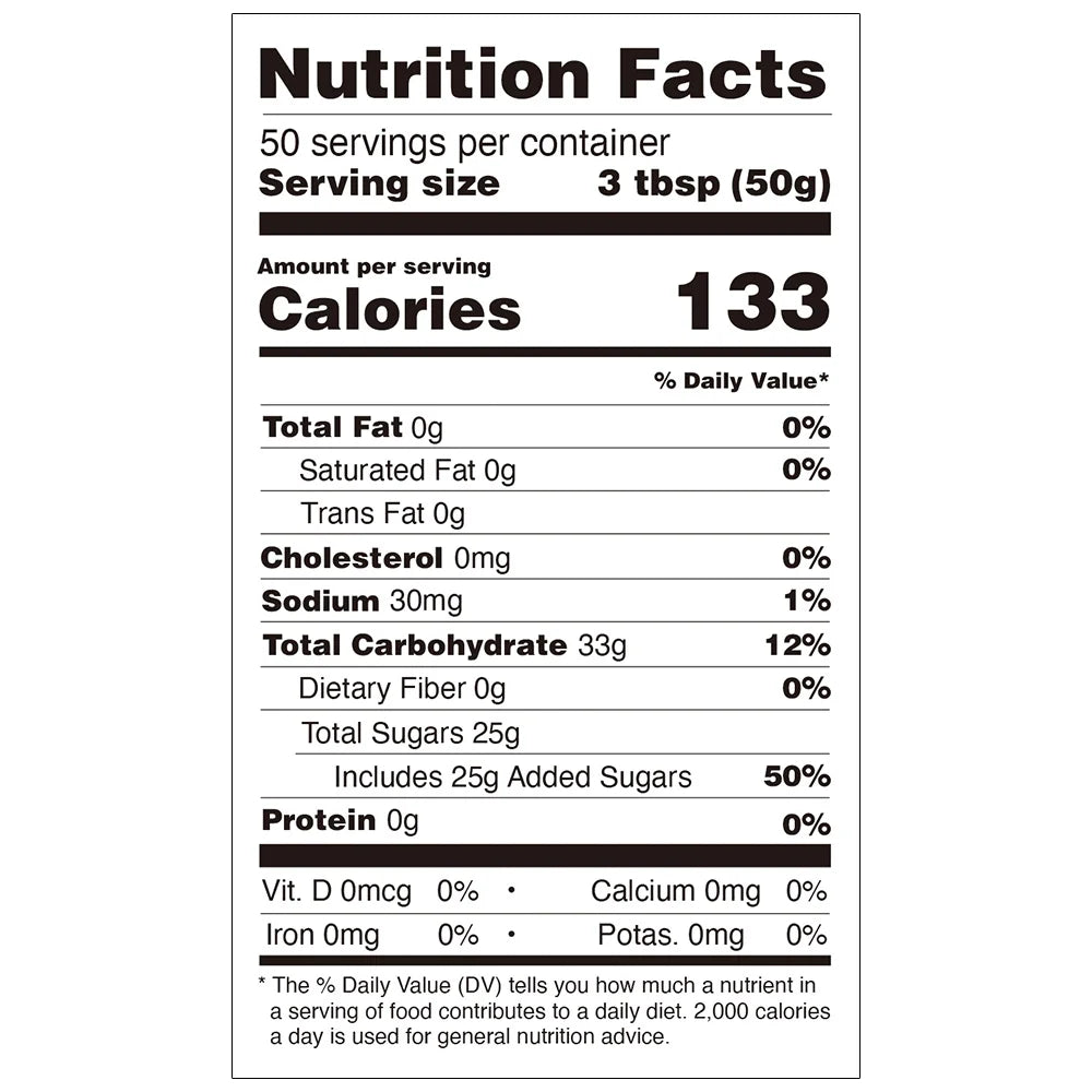 Nutrition facts label for tropical fruit jam, compliant with export food labeling standards.