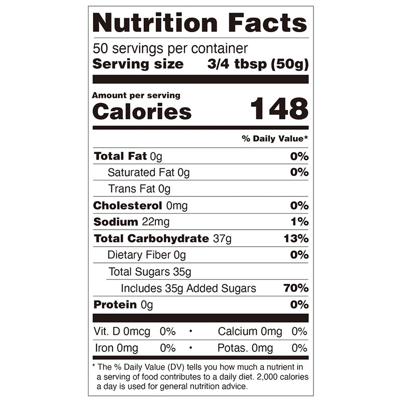 Nutrition facts label for Hojalicious Sakura Syrup, providing calorie and ingredient information.