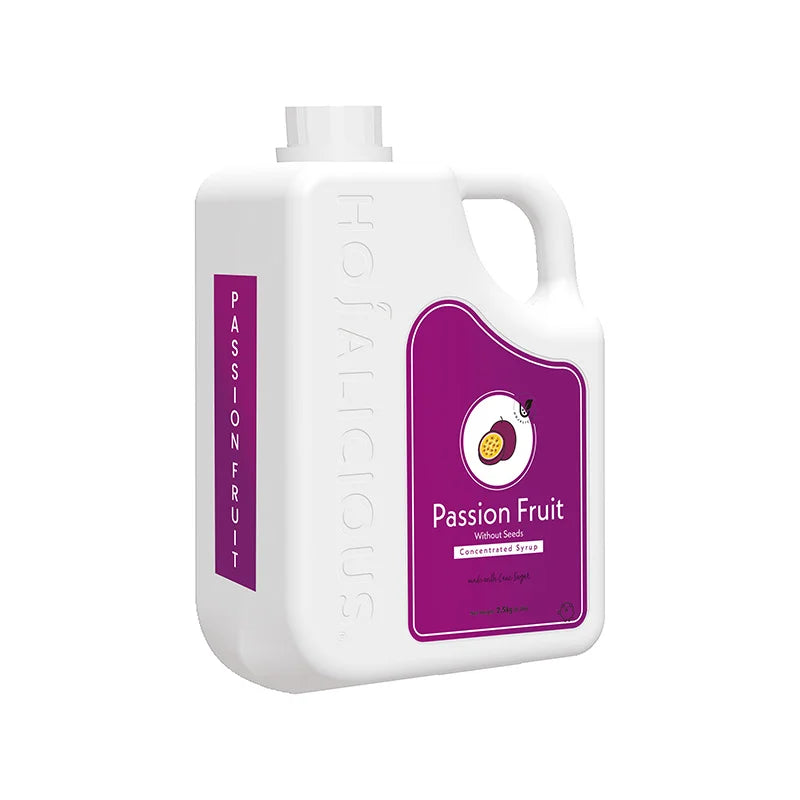 Hojalicious Passion Fruit Concentrated Syrup (Without Seeds), 2.5kg bulk jug, crafted with a cane sugar formula.