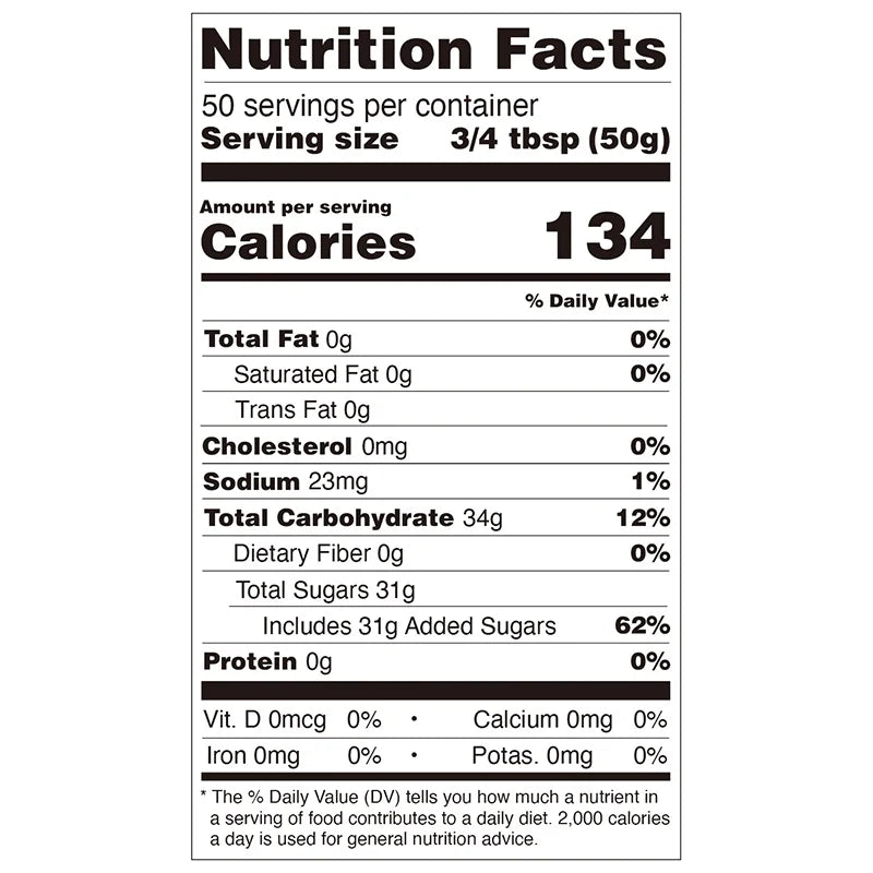 Nutrition facts label for passion fruit concentrated syrup, compliant with export food labeling standards.