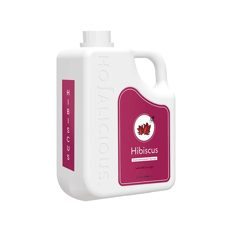Hojalicious brand 2.5kg bulk hibiscus concentrated syrup in a white square jug, premium ingredient for bubble tea shops and food service.