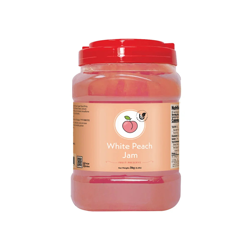 Hojalicious White Peach Jam in a 3kg bulk jar, professional-grade fruit preserve for beverages and desserts.