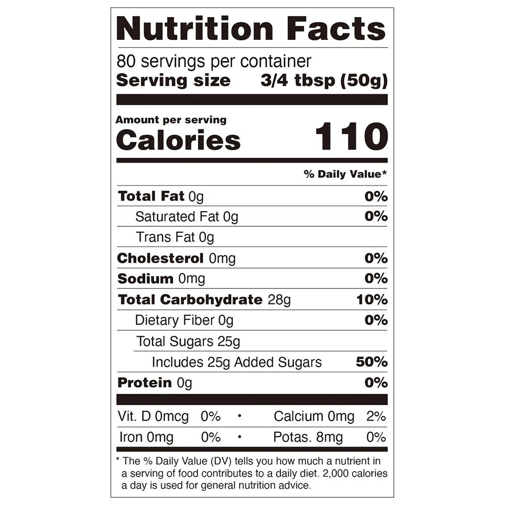 Nutrition facts label for white peach jam, compliant with international export food labeling standards.