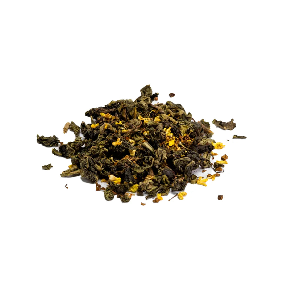Premium oolong leaves blended with golden osmanthus blossoms.
