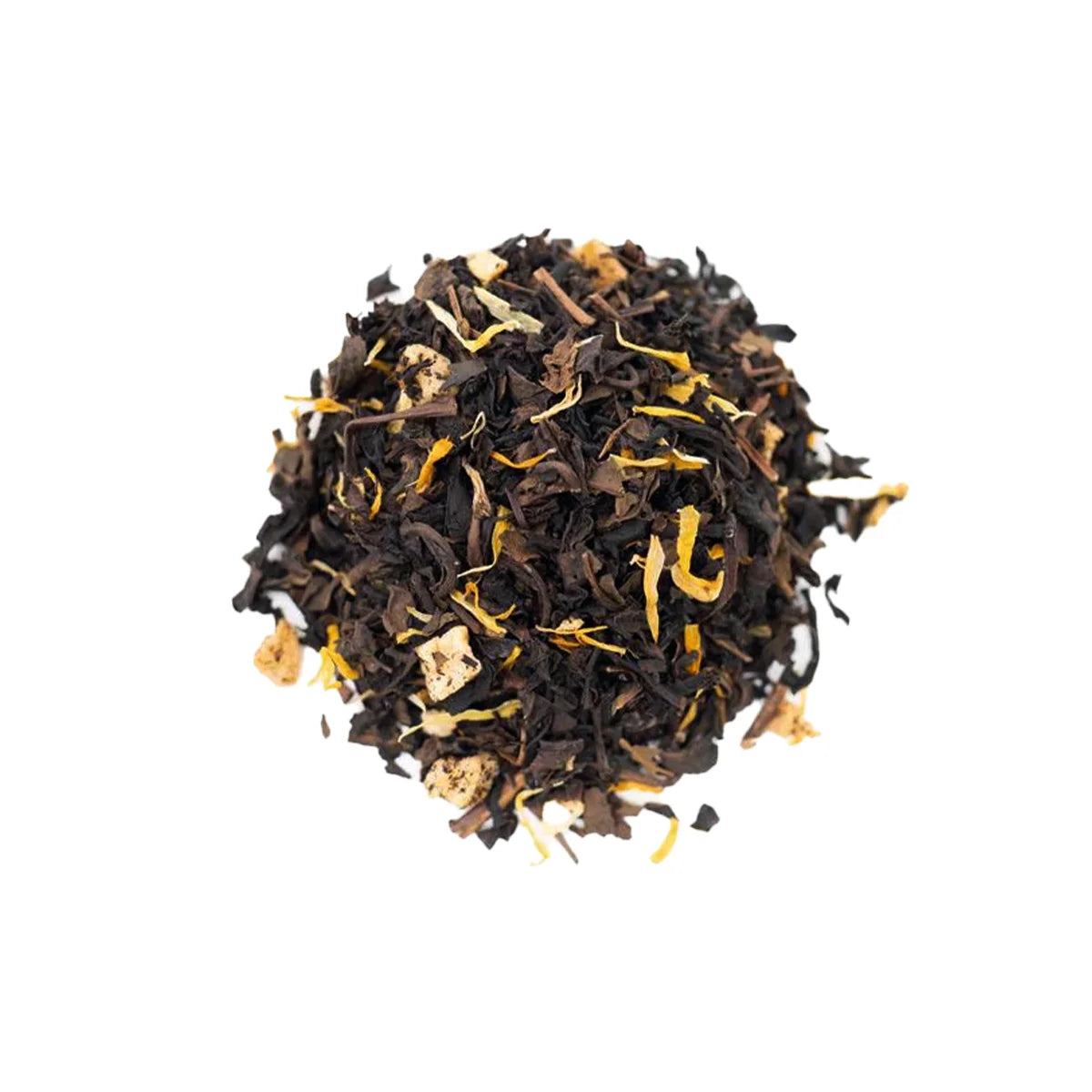 Close-up of semi-ball-shaped White Peach Oolong tea leaves with fruit pieces.