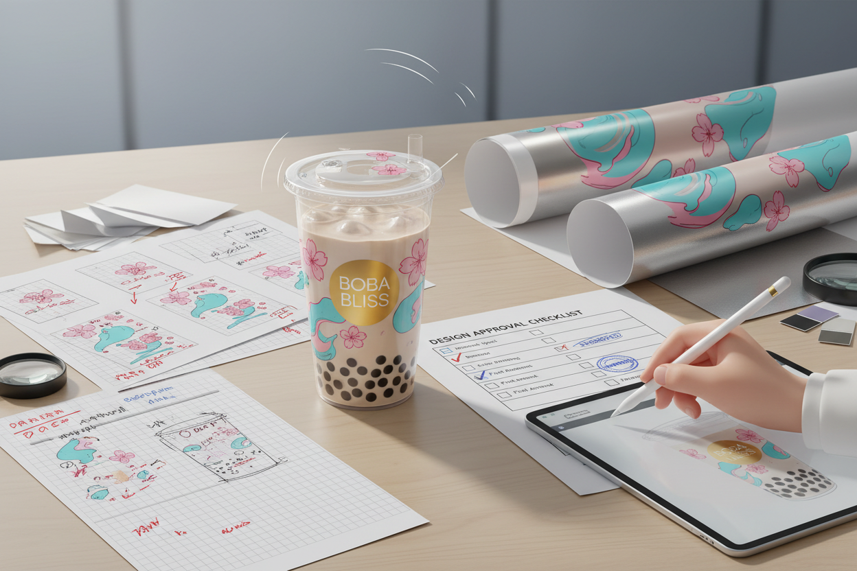 一個包材杯，印刷圖等相關確認  須符合以下文字的圖
You’ll receive a design draft for review. Once approved, we’ll finalize the design.